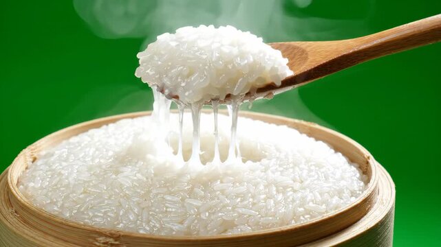 High angle shot of steaming hot white sticky rice being scooped by a wooden spoon on a bright green screen background for easy keying