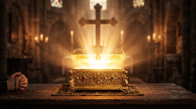 Mysterious glowing jewelry box on wooden altar with praying woman. Religious concept of miracle and divine light inside sacred casket in church. Spiritual faith, hope and ancient relic.