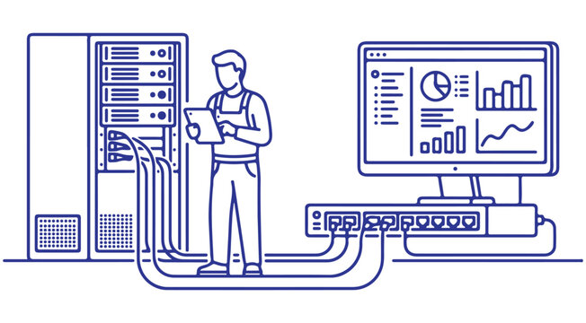 IT technician managing server rack and network switch with data analytics on monitor vector illustration