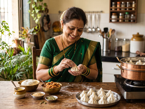 Indian woman preparing handmade steamed modak in a traditional home kitchen for Ganesh Chaturthi