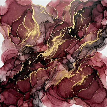 Luxury burgundy and black alcohol ink square background with swirling fluid gold veins