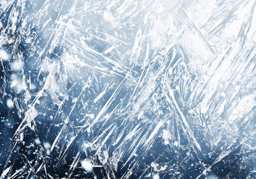 Frozen ice crystal texture on glass window, winter frost pattern background, macro photography of cold icy surface with blue light