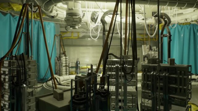 Controlled test chamber with mesh power units and suspended supply lines, teal partitioning, central instrument table, methodical technical ambience.