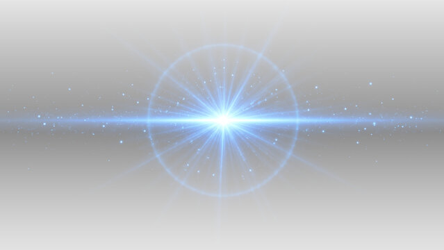 Blue glowing lens flare PNG overlay with luminous optical halo and horizontal light streak, on transparent background