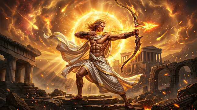 Greek god with golden bow aiming a flaming arrow