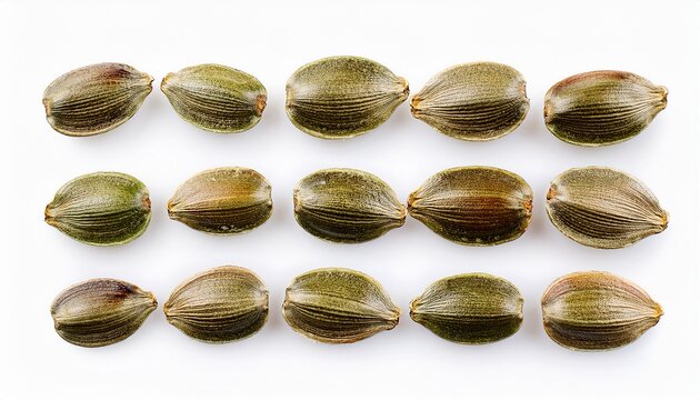 Nine Hemp Seeds Arranged In Three Rowns And Columns Isolated On White Background