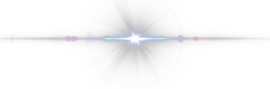 Blue lens flare PNG transparent overlay with radiant horizontal optical light effect, on transparent background
