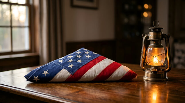 Honor and Remembrance with Folded Flag. american flag on the table.