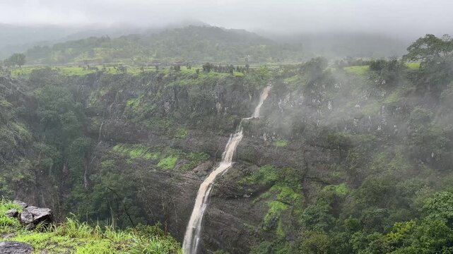 Ahupe village waterfall in the Sahyadri during peak monsoon in stunning 4K.