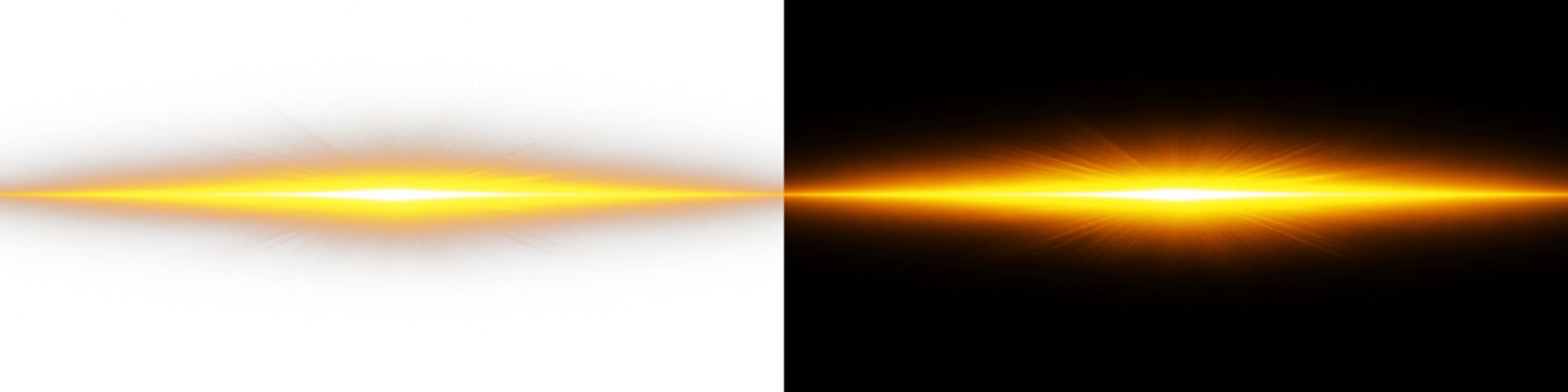 Golden glowing anamorphic flare PNG overlay with luminous horizontal light streak, on transparent background