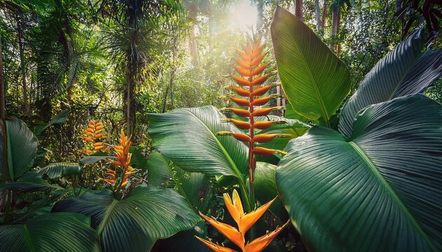 Sunlight Filters Through A Vibrant Tropical Rainforest Filled With Oversized Green Leaves And Orange Heliconia Flowers Creating A Humid Atmosphere Within The Dense Jungle Vegetation Ecosystem Tod