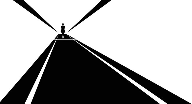 A silhouette of a person walking down a long dark path into the bright light