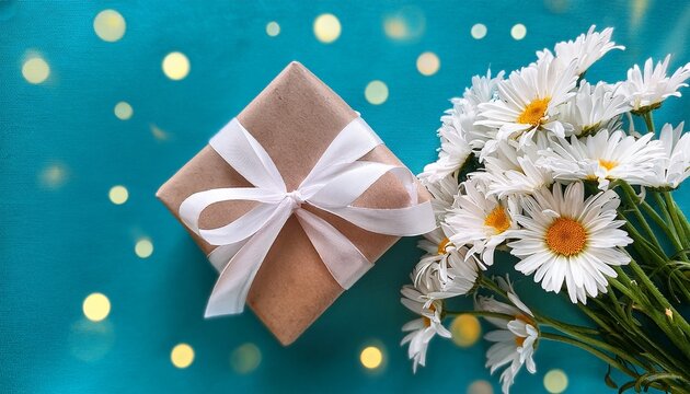 Elegant White Chamomile Bouquet Gift Box On Festive Background Template Spring