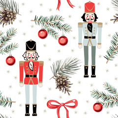 Obraz premium Christmas seamless pattern, Nutcrackers, green fir twigs, red balls, bow, pine cones, snow, white background. Vector illustration. Festive design. Season greeting. Winter holidays