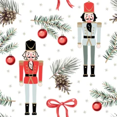 Christmas seamless pattern, Nutcrackers, green fir twigs, red balls, bow, pine cones, snow, white background. Vector illustration. Festive design. Season greeting. Winter holidays © ojardin