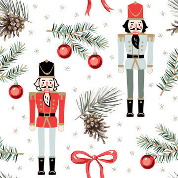 Christmas seamless pattern, Nutcrackers, green fir twigs, red balls, bow, pine cones, snow, white background. Vector illustration. Festive design. Season greeting. Winter holidays