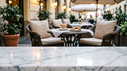 Obraz premium Outdoor Café Table with Coffee and Cookies on Marble Counter for Lifestyle Photography
