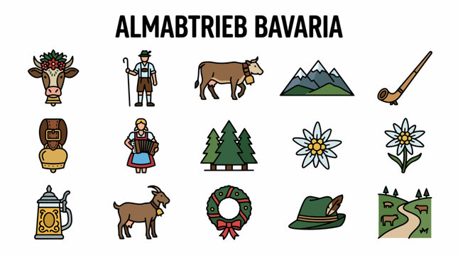 Almabtrieb Bavaria Icons: Cow, Shepherd, Goat, Edelweiss, Beer