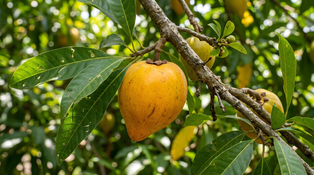 Ripe canistel fruit hanging on tree branch. Golden egg fruit ready for harvest in tropical orchard.