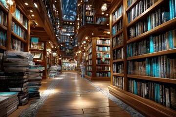 Fototapeta premium Grand multi level library with wooden shelves and books