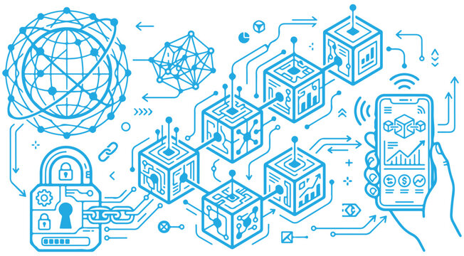 Blockchain technology vector illustration with connected blocks global network security padlock and smartphone crypto wallet for cryptocurrency and data security