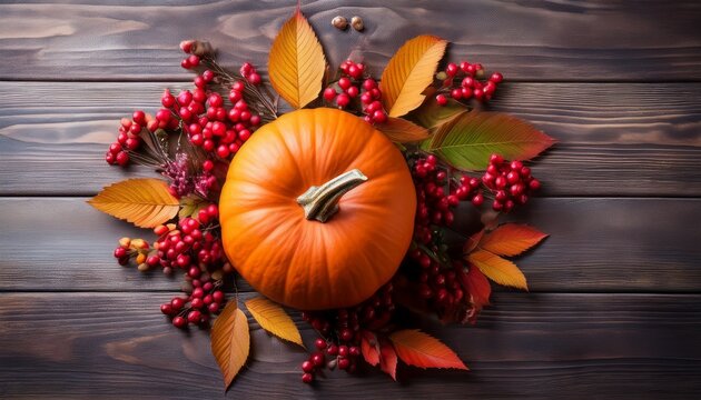 Vibrant Pumpkin Surrounded By Autumn Berries On Wooden Background