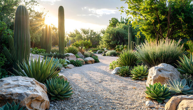 Water wise garden featuring winding gravel path creating calm eco friendly mood generative AI