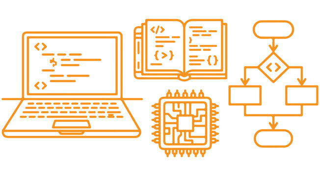 Software development and computer programming vector icon set featuring laptop with code, open book, microchip, and flowchart algorithm