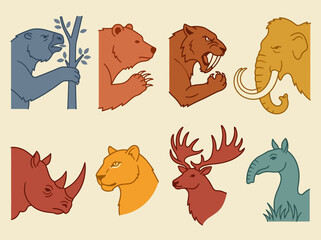 Obraz premium Prehistoric Megafauna Vector Icon Set featuring Woolly Mammoth, Saber-toothed Tiger, and Ice Age Animals