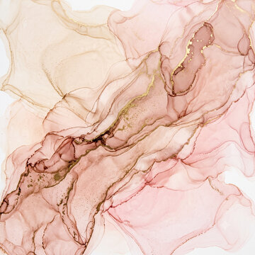 Soft blush pink and beige alcohol ink square background with delicate fluid gold veins