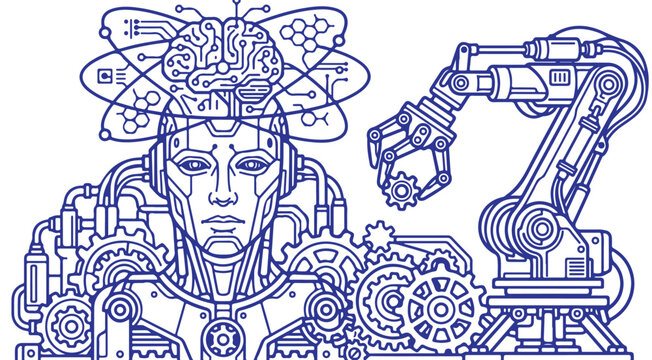 Blue line art vector illustration of a humanoid robot with circuit brain and industrial robotic arm with gears for automation and technology