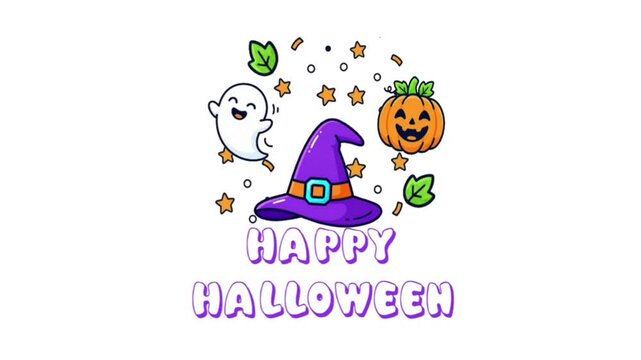 Happy Halloween Cartoon Animation with Ghost, Witch Hat and Pumpkin on White Background | Cute Holiday Motion Graphic
