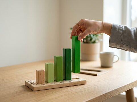 Hand placing green wooden bar graph block on desk with mug and plant wooden blocks growth progress