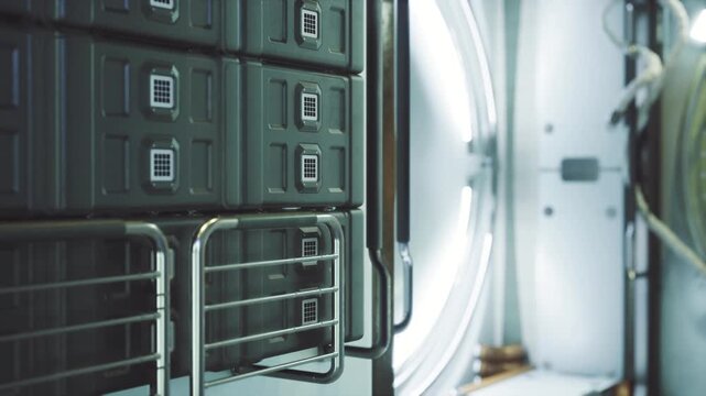 Greenlit server rack corridor inside space station data hub with stacked units, cooling pipes, cable trays, sterile tech atmosphere, industrial hum