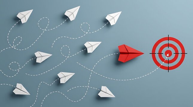 Red paper plane flying towards target icon while white planes wander aimlessly demonstrating leadership focus vision clarity determination innovation and unique strategy in corporate world.