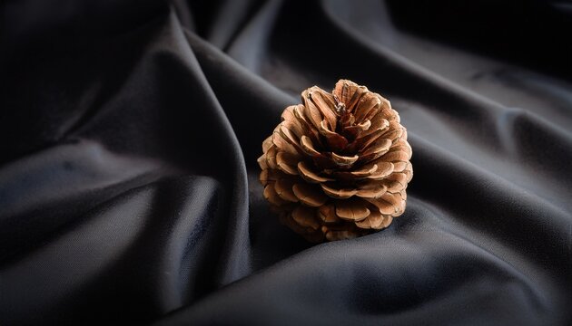 A Solitary Pine Cone Rests Gracefully On A Dark Draped Fabric Creating A Scene Of Minimalist Elegance This Image Exudes A Sense Of Serene Moody Charm