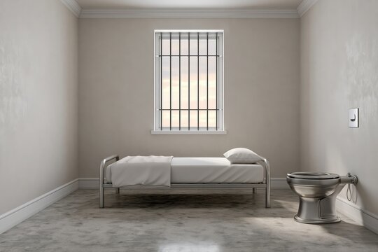 Minimalist prison cell interior with a metal bed, toilet, and barred window showing sunset sky.