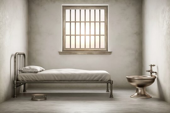 Minimalist prison cell interior with a barred window, metal bed, and vintage toilet, conveying confinement and isolation.