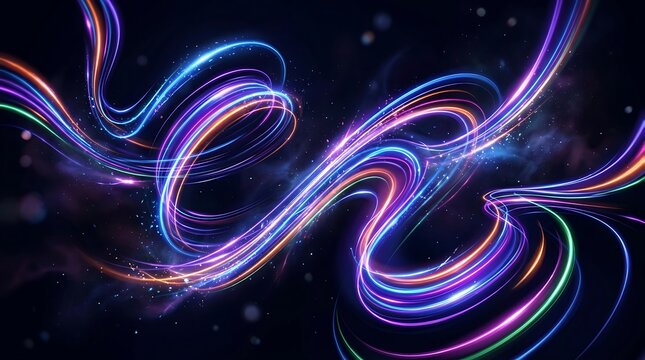Abstract background featuring vibrant glowing neon light trails swirling in a dark space creating a dynamic sense of motion and futuristic energy