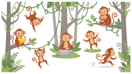 Cute monkey cartoon set with jungle trees and lianas, tropical animals.