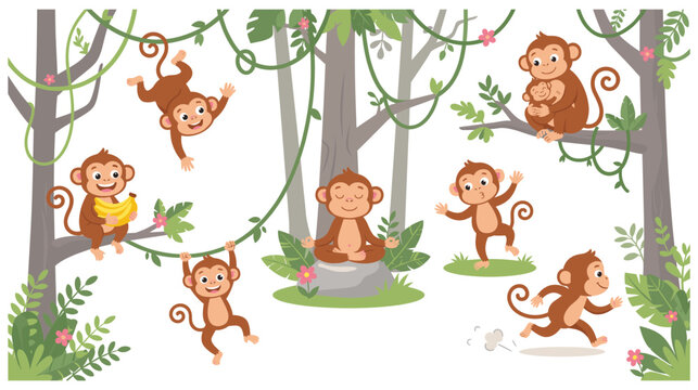 Cute monkey cartoon set with jungle trees and lianas, tropical animals.