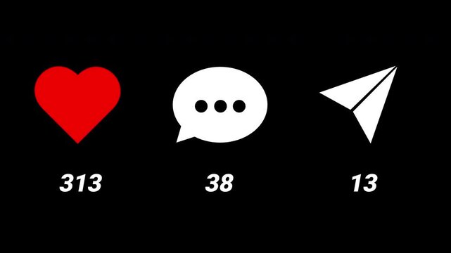 Social Media Like Comment Share Counter Animation on Black Background with 500 Likes 60 Comments 20 Shares, Viral Content Animation, Reel Count, Engagement Metrics and Motion Graphics in 4K.