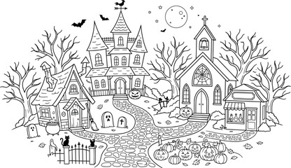 Fototapeta premium Intricate black and white halloween coloring page featuring a spooky haunted church scene with trees and bats which is isolated on transparent background