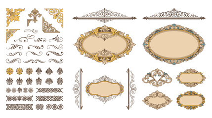 Set of vintage ornamental borders frames and decorative elements. © Amina