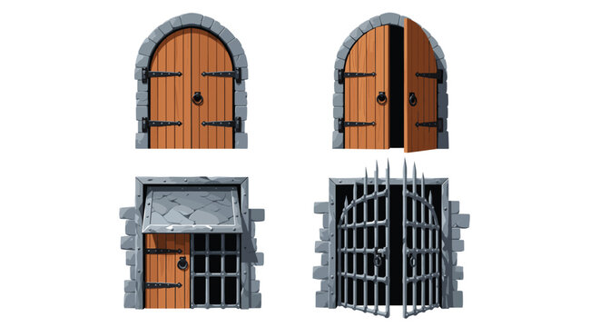 Medieval stone arch wooden doors and dungeon gates collection featuring heavy iron hinges, keyholes, and metal security bars.