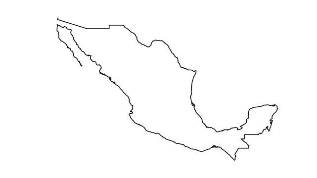Outline drawing animation of mexico country borders map appearing on white background screen.