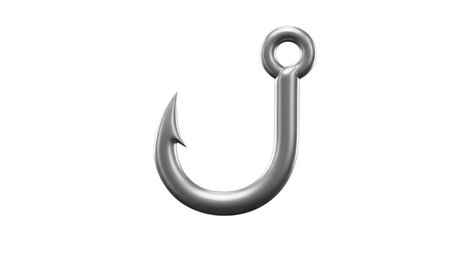 3d icon of a metallic silver fishing hook isolated on transparent background, representing bait and capture