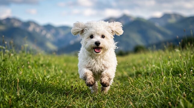 White dog running photo in a mountain meadow for pet care advertising