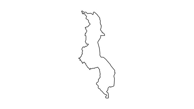 Outline map of Malawi country shape animated appearing on white background motion graphic.