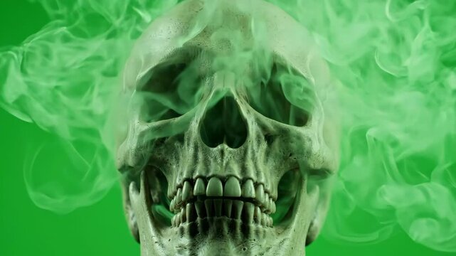 Human skull with eerie green smoke swirling from eye sockets and mouth against a chroma key green background